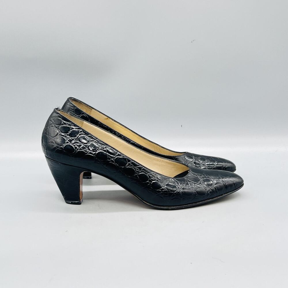 Salvatore Ferragamo Shoes Womens 7.5 Black Croc Leather Cone Heel Pumps Vintage